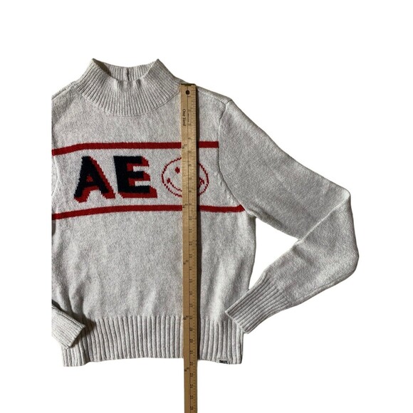 New! American Eagle Smiley  Mockneck Sweater gray Marled Blue Red Logo Women's M - Picture 11 of 15